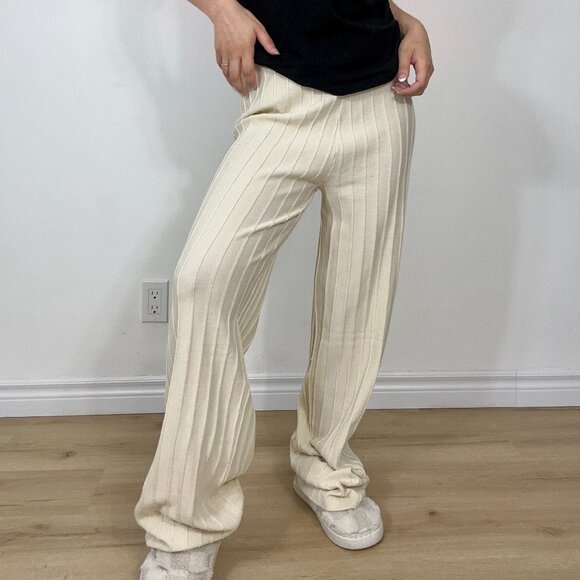 *Nasty Gal 50% Recycled Knitted Wide Leg Pant Cream High Rise - Picture 1 of 7